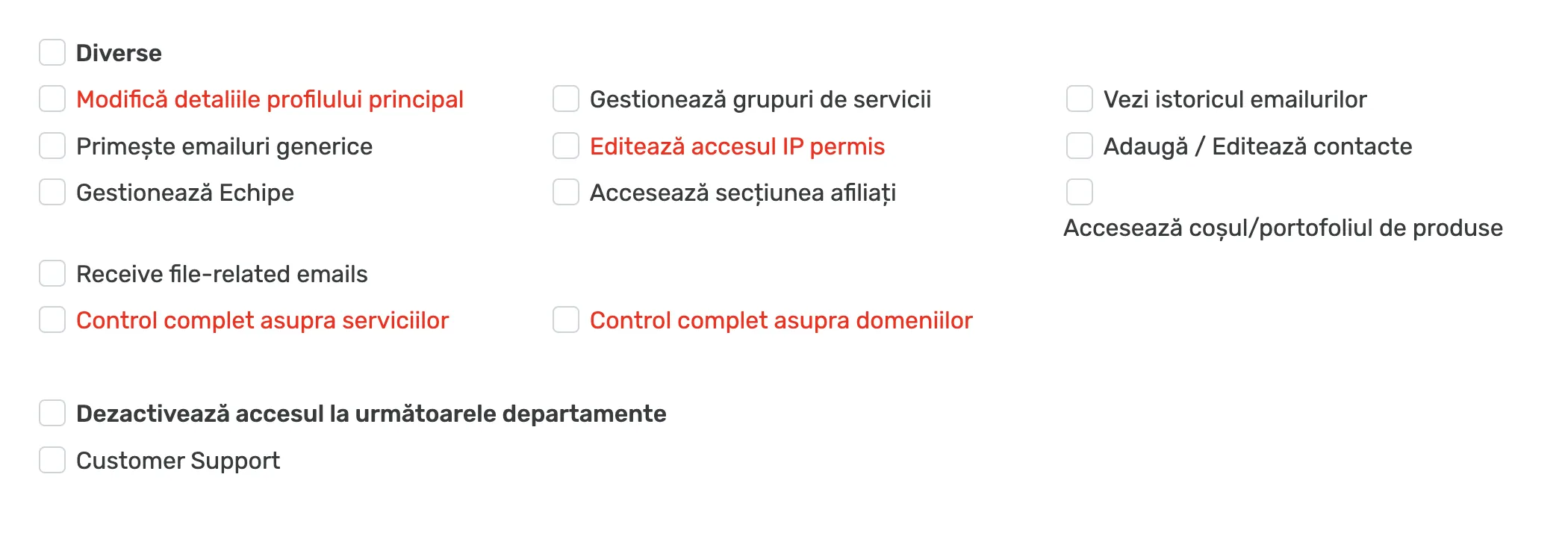 Permisiunile Diverse și opțiunea de restricționare a accesului la departamentele de suport, fără bife selectate