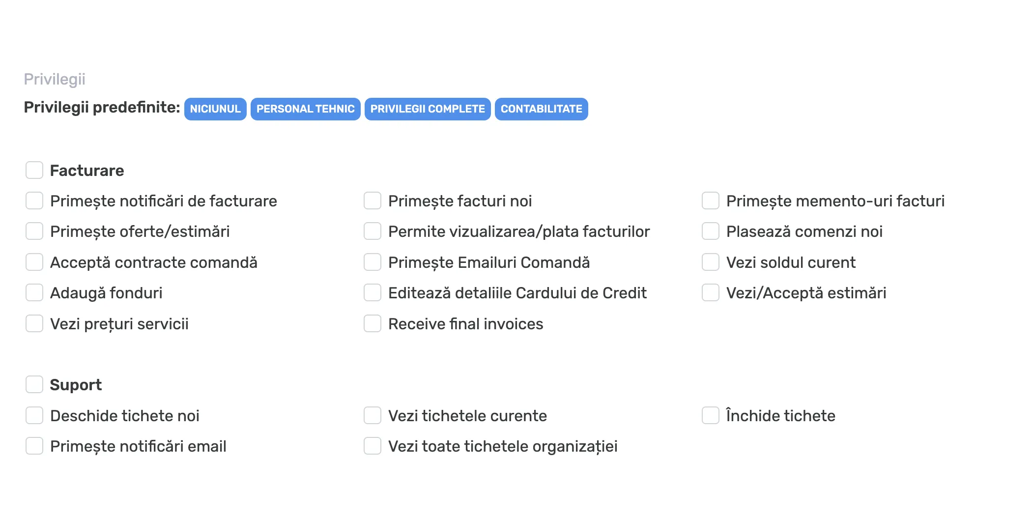 Privilegiile predefinite și categoriile Facturare și Suport, cu toate permisiunile neselectate