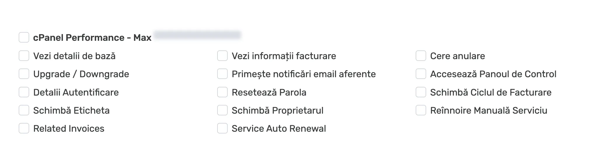Permisiunile individuale pentru un serviciu cPanel, cu domeniul mascat și toate opțiunile neselectate