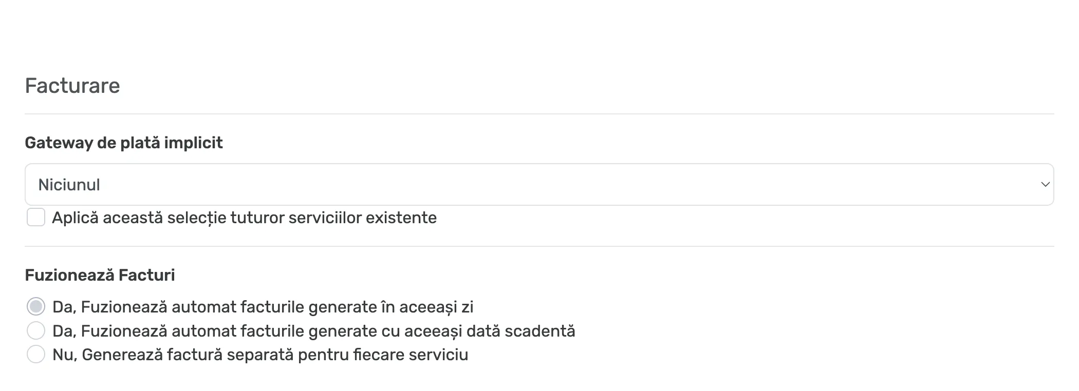 Setările de facturare, cu Gateway de plată implicit și opțiunea pentru aplicarea selecției serviciilor existente
