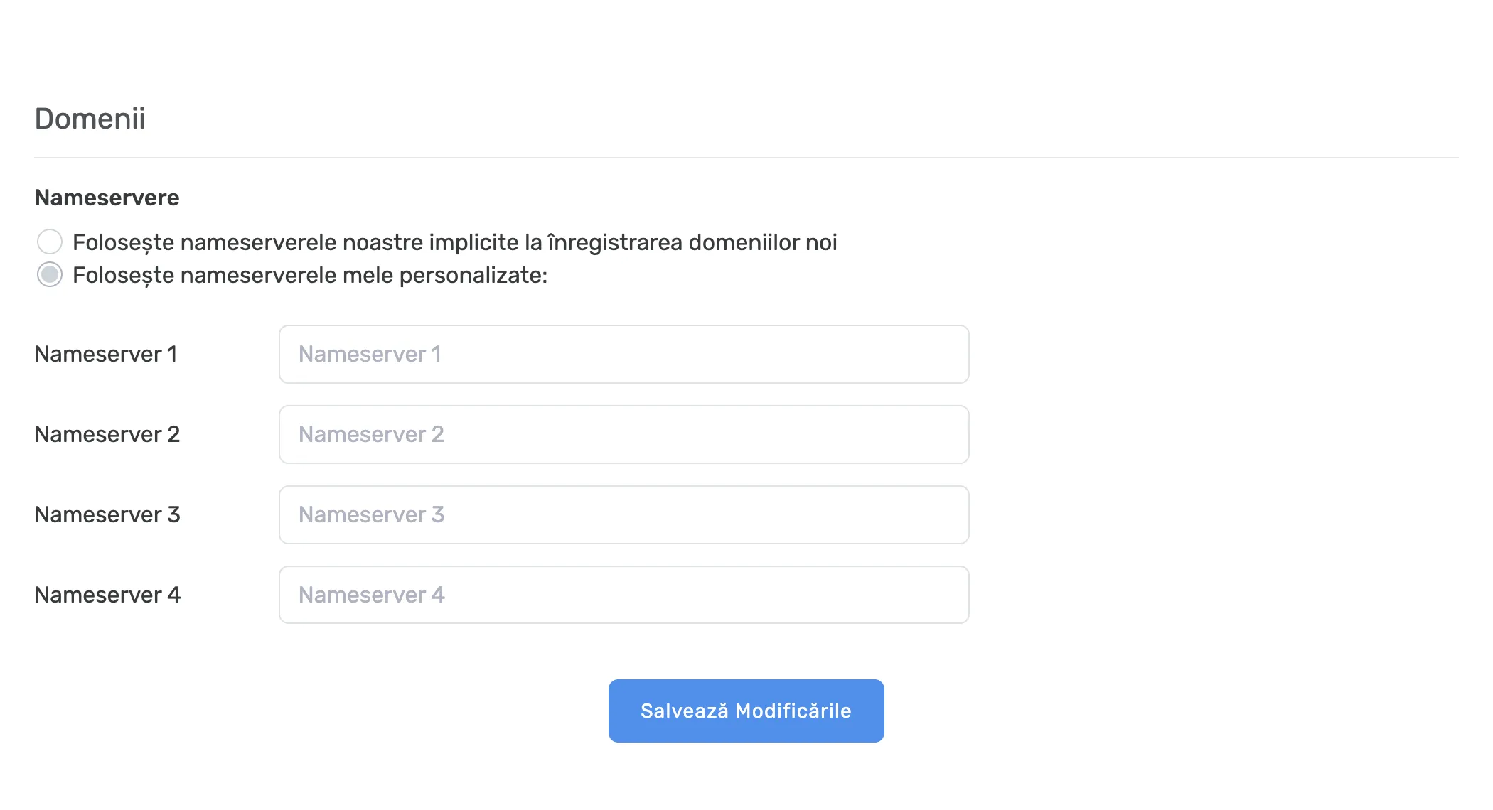 Nameserverele implicite sau personalizate pentru domeniile noi, cu câmpurile de completare deschise