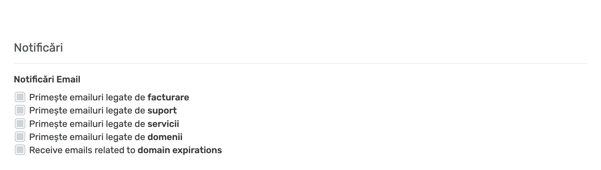 Categoriile de notificări prin email disponibile în setările contului