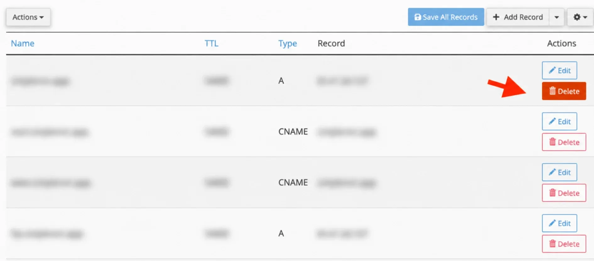 Șterge o înregistrare DNS din Zone Editor