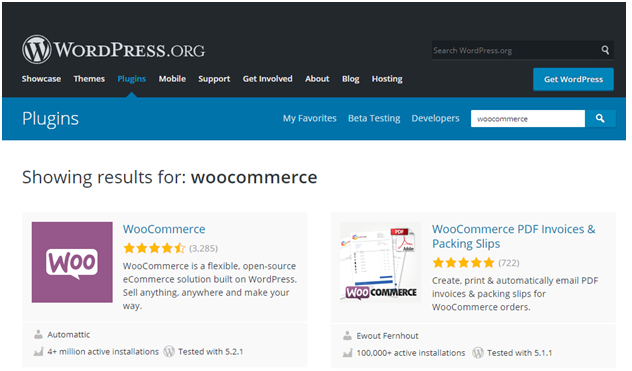 wordpress.org, alegi categoria Plugins din meniu și cauți WooCommerce