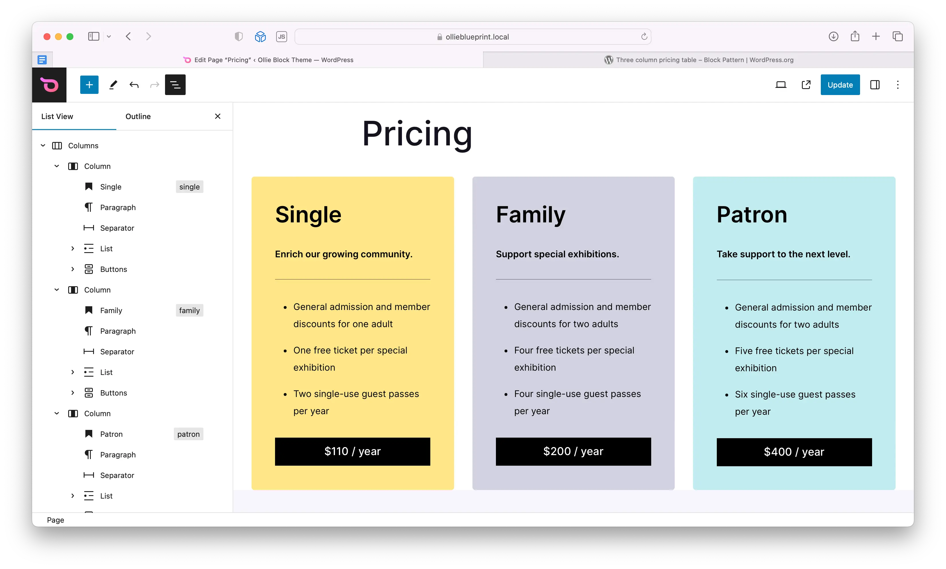 Pricing table