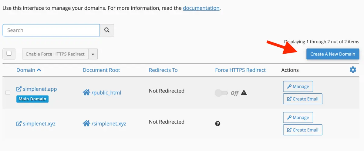 butonul create-new-domain din cPanel, la secțiunea Domains