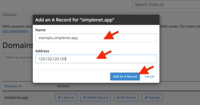 adauga o intrare +A record la Zone Editor in cPanel