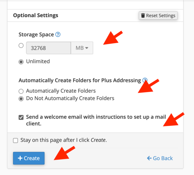 optional settings pentru creare adresa de email din cPanel