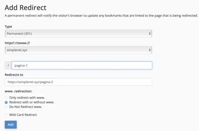 Redirecționare pagină cPanel