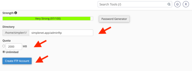 setează quota și apasă pe butonul create FTP account
