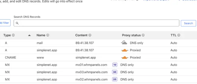Intrări DNS Cloudflare