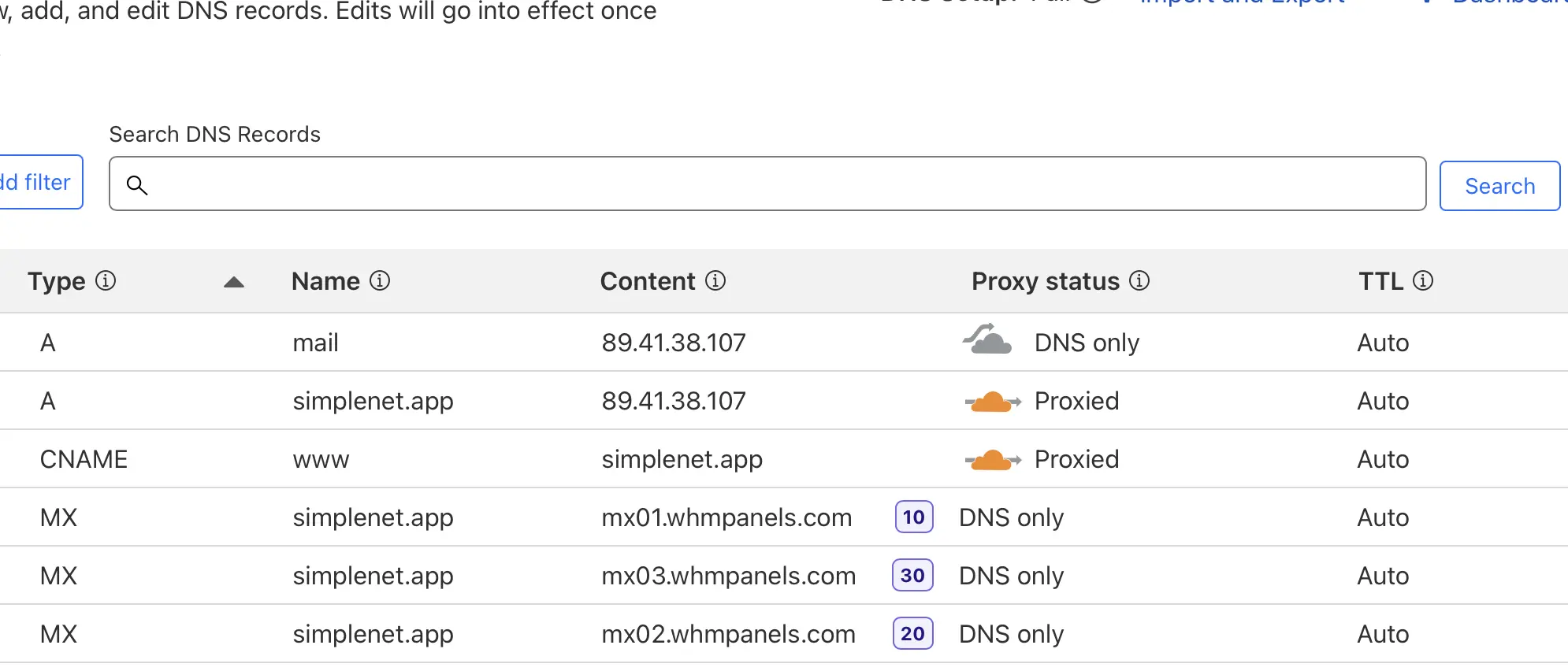 Intrări DNS Cloudflare