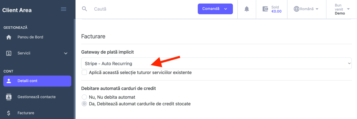 la secțiunea Gateway de plată implicit setează Stripe - Auto Recurring