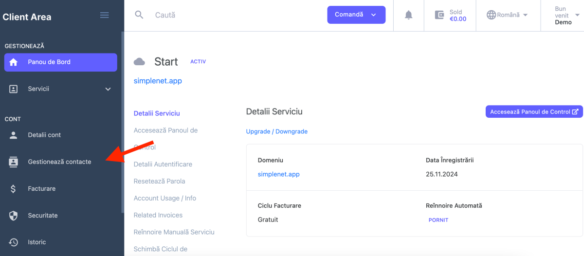 gestionează contacte cont client Simplenet