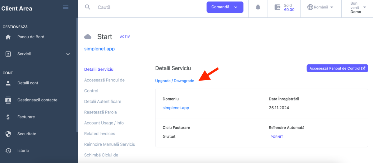 opțiunea upgrade - downgrade pentru serviciile de găzduire Simplenet