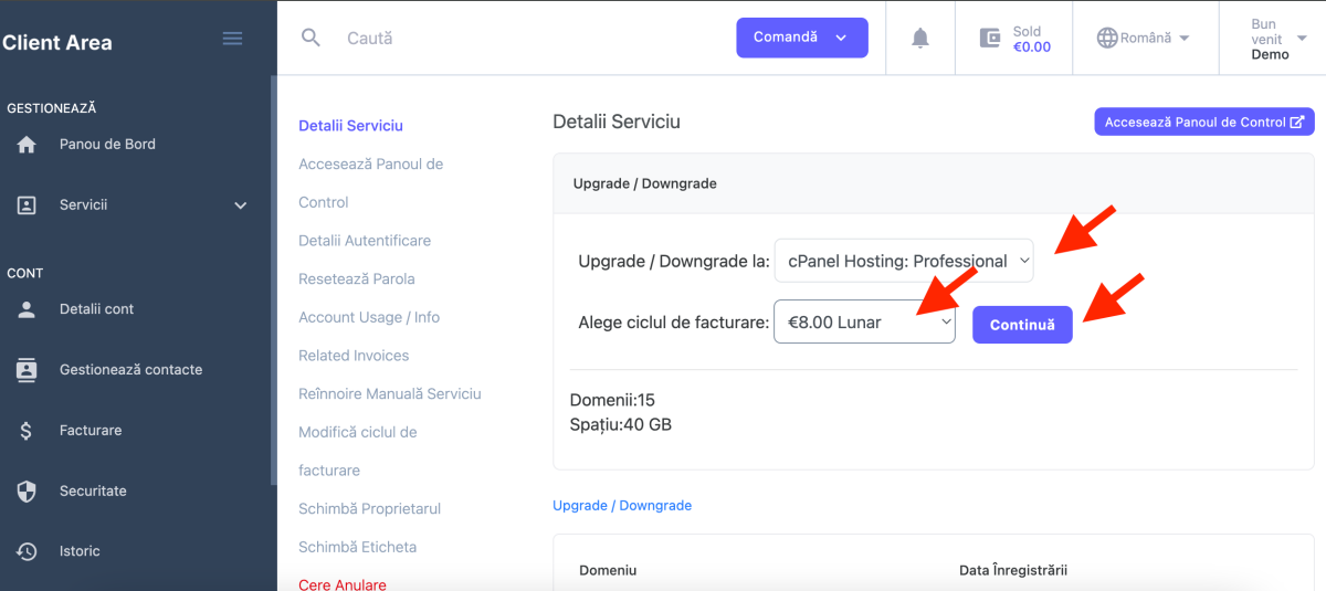 selectează pachetul de găzduire dorit, alege ciclul de facturare, apoi apasă butonul Continuă