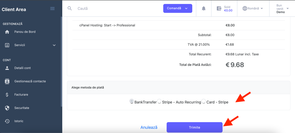 vezi suma de plată, alege metoda de plată (transfer bancar, stripe autorecurență, card), apasă butonul Trimite