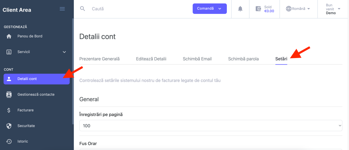 in zona de client mergi la Detalii cont, apoi la Setări