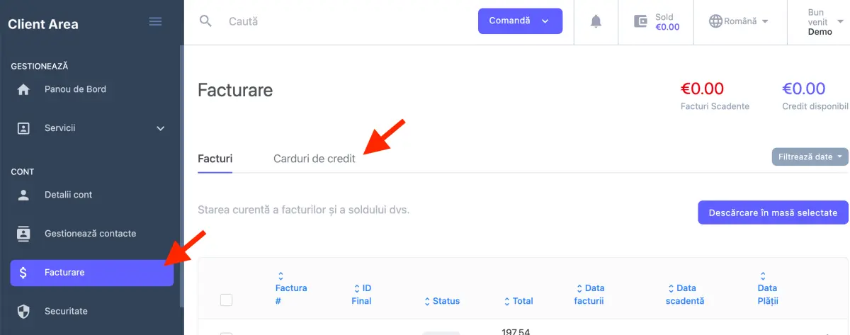 in zona de client mergi la Facturare, apoi click pe Carduri de credit