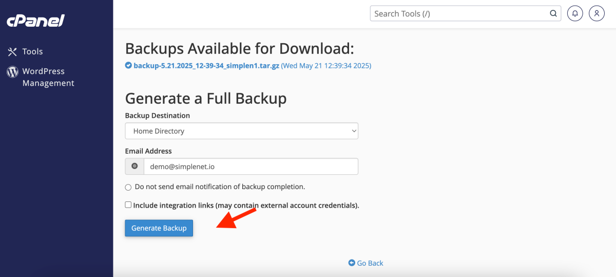 apasă pe butonul Generate Backup