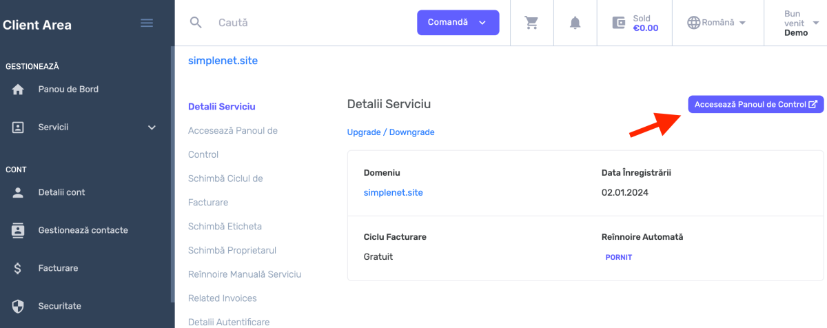 butonul Accesează panoul de control