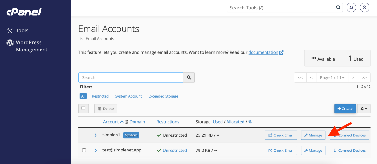 butonul Manage din email accounts