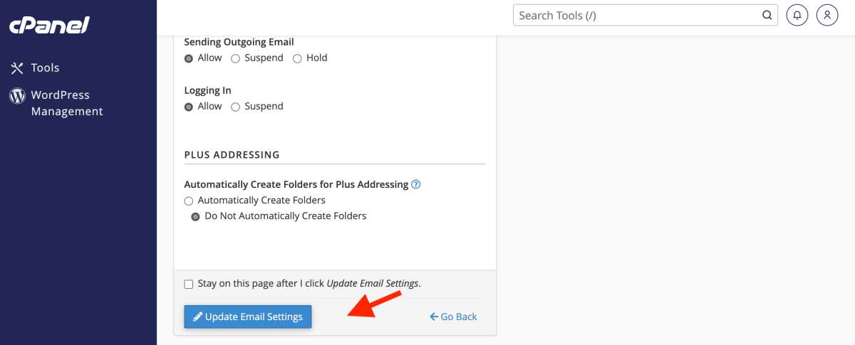 apasă pe butonul Update email settings