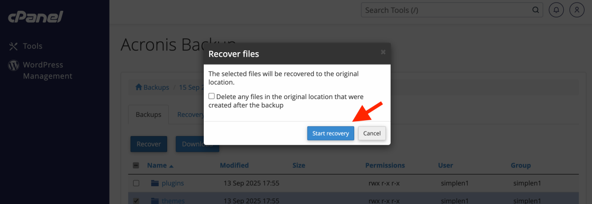 click pe butonul Start recovery pentru a restaura un folder cu Acronis Backup