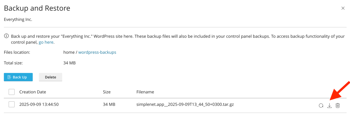 click pe iconița Download pentru a descărca backup-ul pe calculator