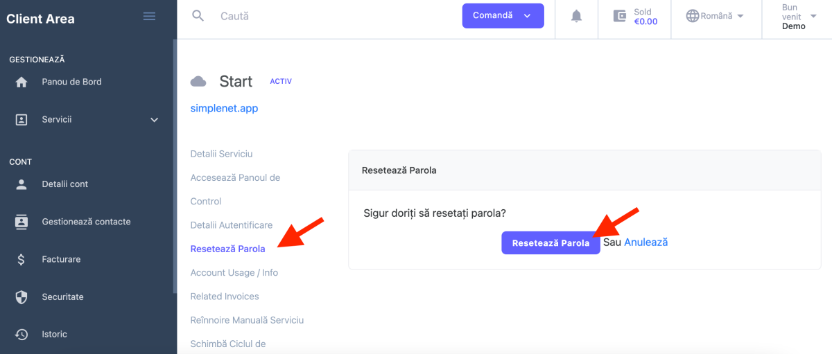 click pe resetează parola