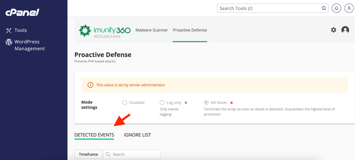 Secțiunea Detected Events de la Proactive Defence în Imunify360