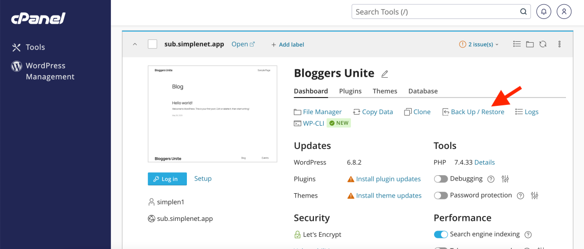 secțiunea backup /restore din WordPress Management