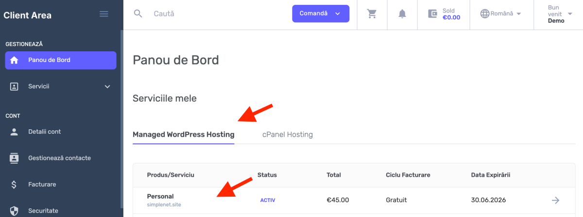 servicii Managed WordPress Hosting active in panoul de control de client Simplenet