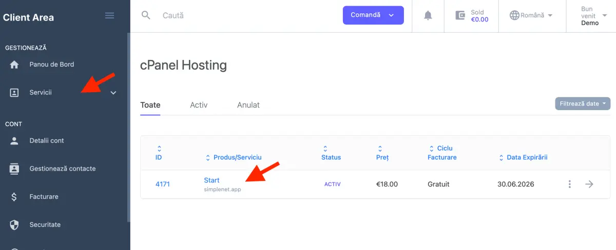 in zona de Servicii din contul tau de client, da click pe serviciul dorit