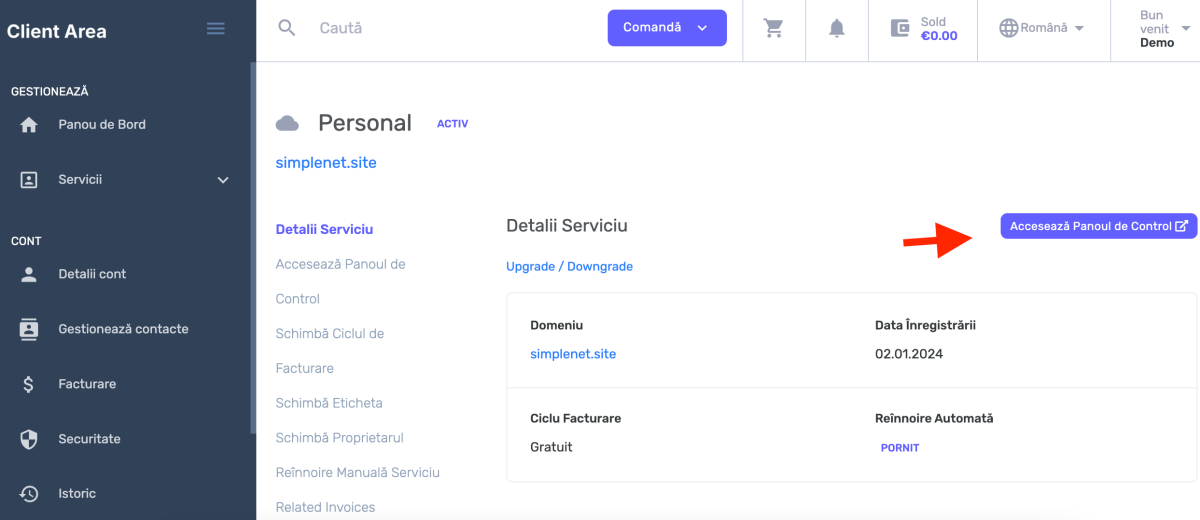 accesează panoul de control