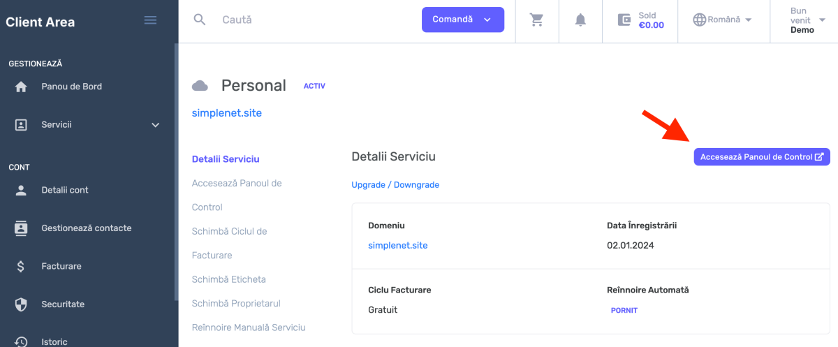 apasă pe butonul Accesează Panoul de Control