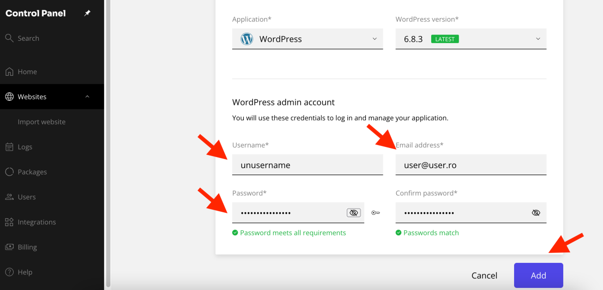 adaugă un username, o adresă de email, o parolă și apasă butonul Add