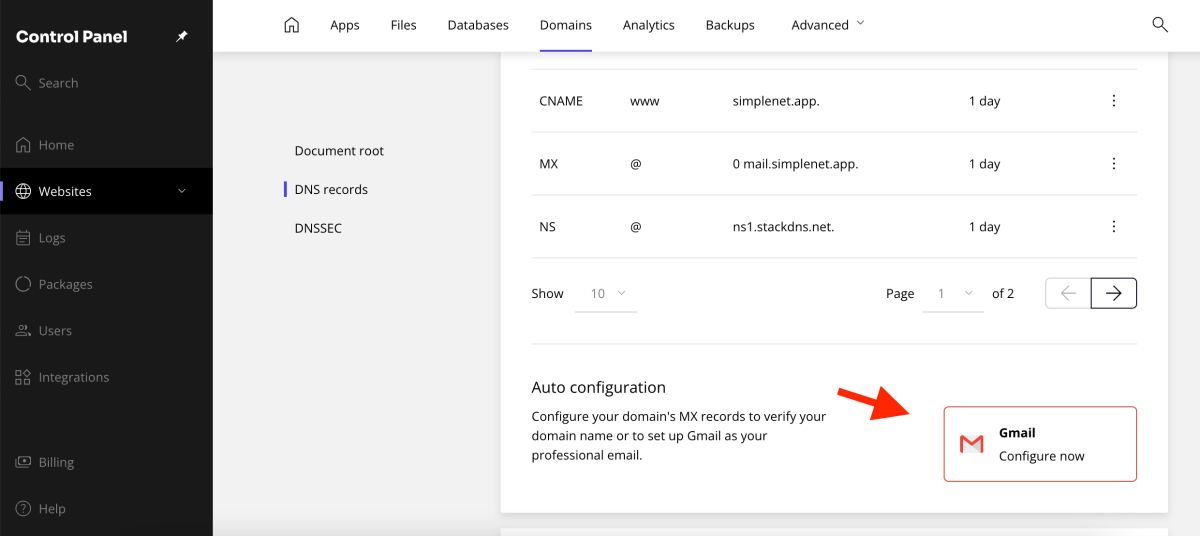 secțiunea de auto-configurare MX pentru Gmail
