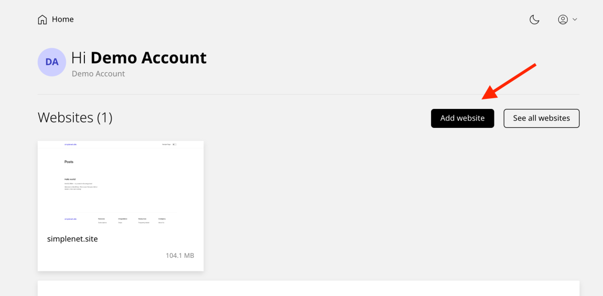 butonul Add website din panoul de control al găzduirii premium Simplenet