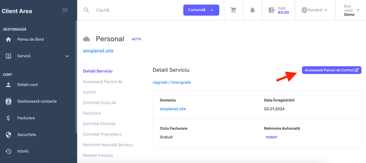 butonul Accesează panoul de control pentru găzduirea premium