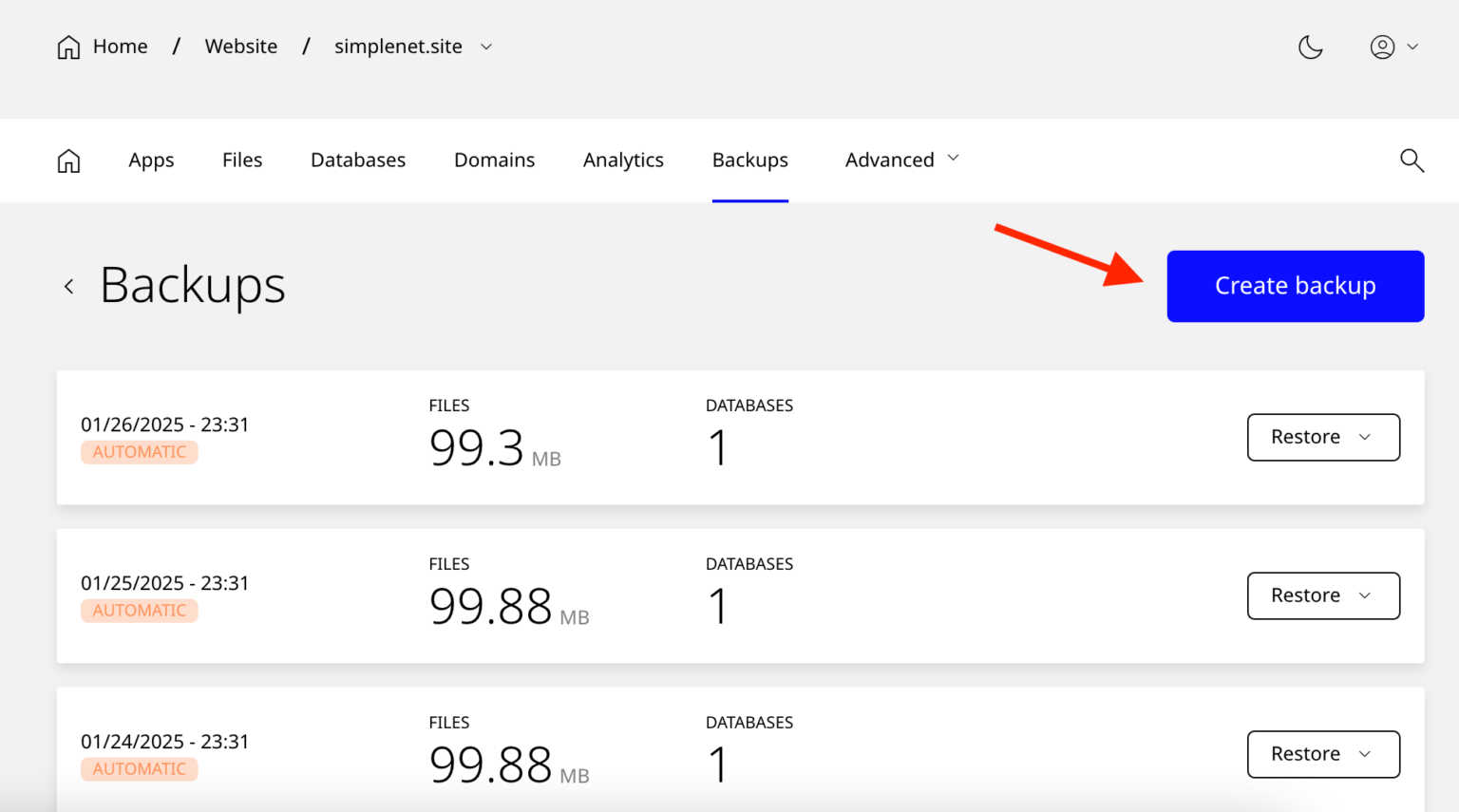 click pe butonul Create backup
