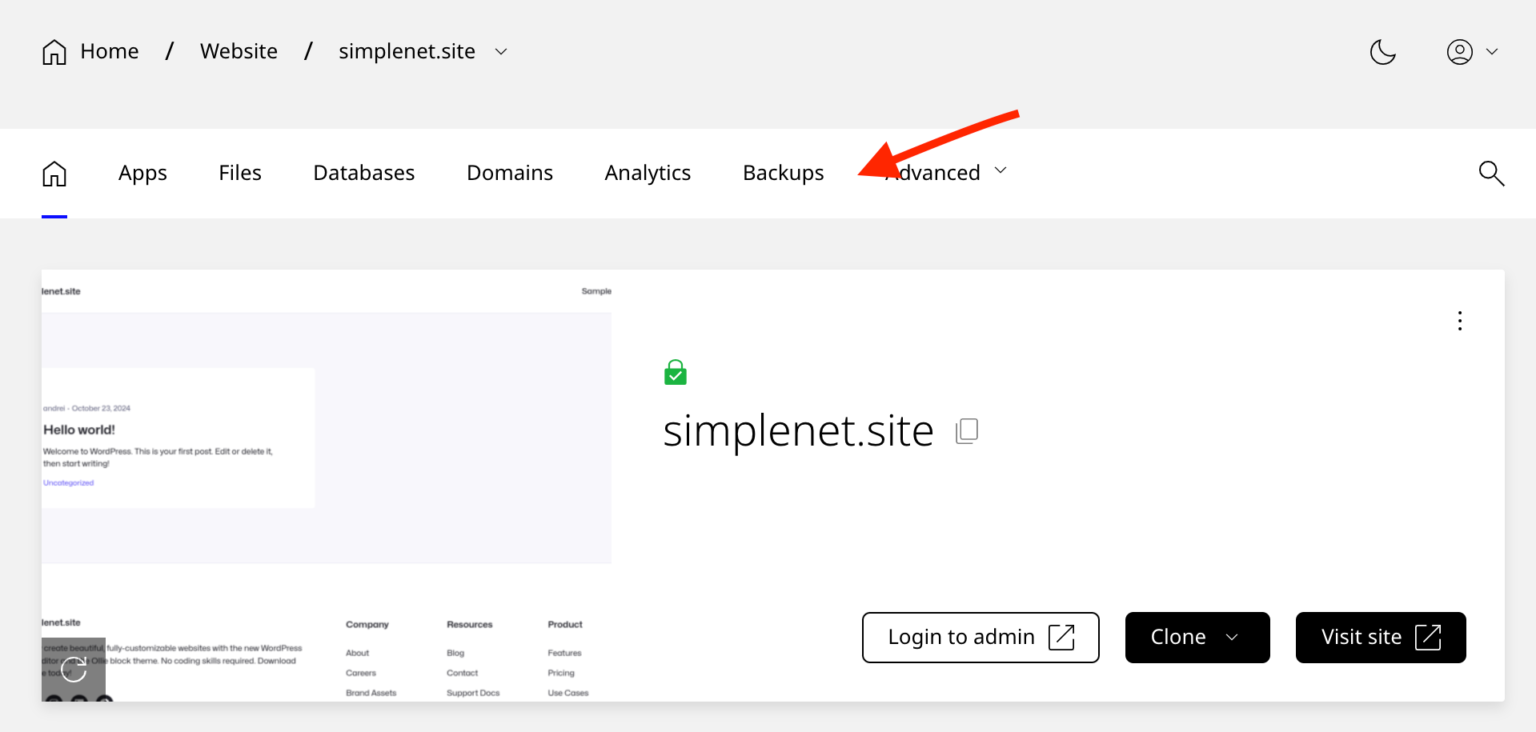 click pe secțiunea Backups