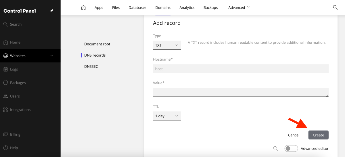 butonul Create pentru a crea înregistrări DNS noi