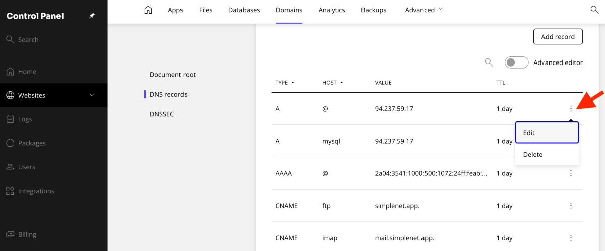 editează sau șterge înregistrările DNS