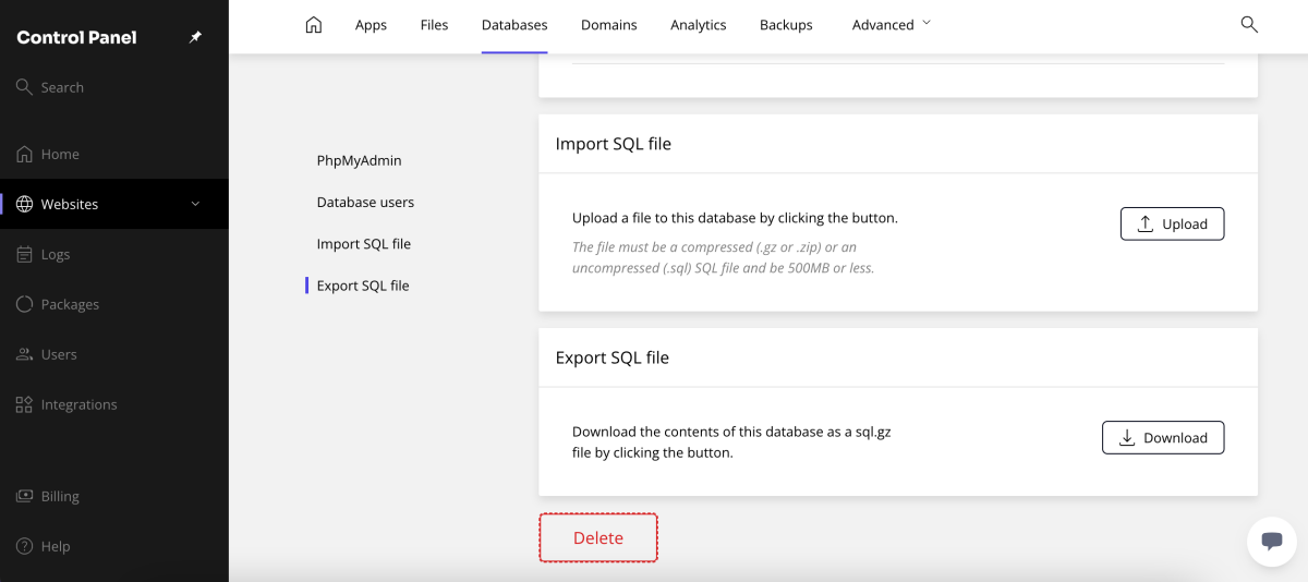 opțiuni de import si export ale bazei de date WordPress din secțiunea Databases în panoul de control pentru găzduire premium Simplenet