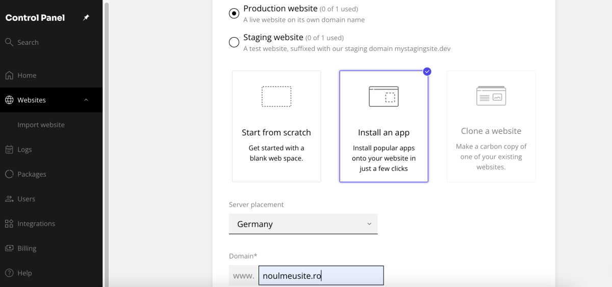 install an app apoi alege server placement si numele domeniului