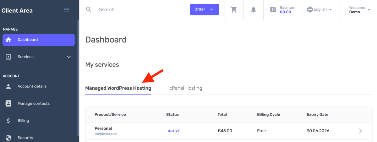 tab-ul managed WordPress Hosting din zona de client