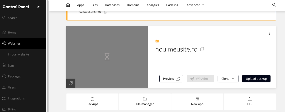 site-ul adaugat apare in panoul de control