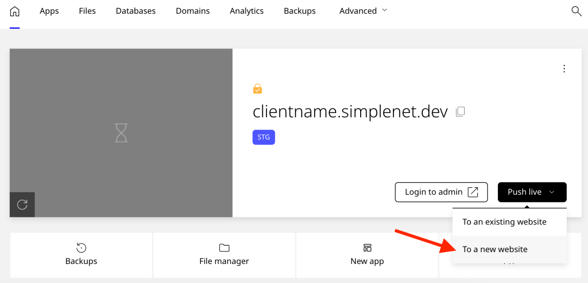 opțiunea Push live to a new website