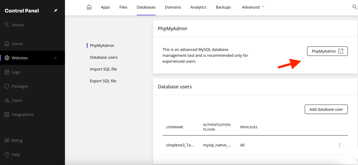 opțiunea PhpMyAdmin din panoul de control pentru găzduire premium Simplenet